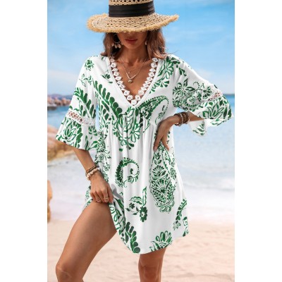Green Paisley V-Neck Mini Dress