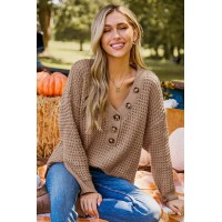 Light Brown V-Neck Long Sleeve Henley Sweater