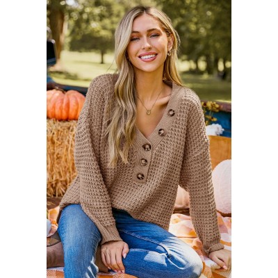 Light Brown V-Neck Long Sleeve Henley Sweater