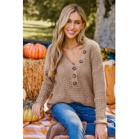 Light Brown V-Neck Long Sleeve Henley Sweater